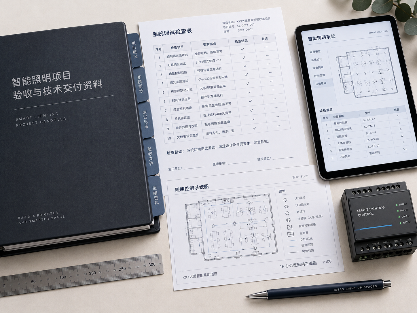 验收与技术交付示意：验收资料、系统图纸与控制设备